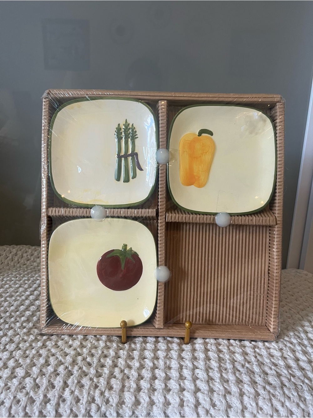 Hand-Painted Ceramic Appetizer Plate Set in Yellow with Vegetable Motifs